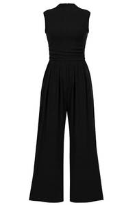 lot 87188 image: PRETTYGARDEN Womens Summer Jumpsuits Dressy Casual One Piece Outfits Sleeveless Mock Neck Wide Leg Pants Rompers with Pockets (Black,XX-Large)
