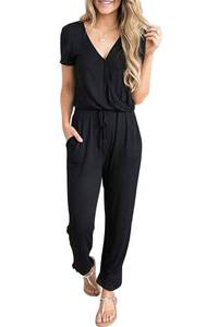 lot 87189 image: PRETTYGARDEN Womens Summer Casual Deep V Neck Short Sleeve Wrap Drawstring Waist Jumpsuit Romper (Black,Medium)