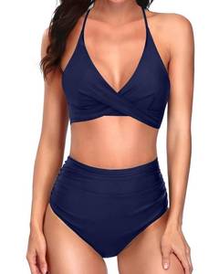 lot 87214 image: Yonique Women Two Piece High Waisted Bikini Set Halter Swimsuit Twist Front Bathing Suit with Tummy Control Bottoms Royal Blue S