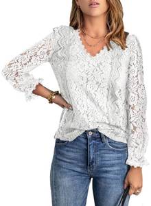lot 87221 image: FARYSAYS Womens Long Sleeve White Lace Tops Chiffon Sheer Blouses V Neck Swiss Dot Tunic Elegant Shirts for Work Office Ladies - Retail $5570.94