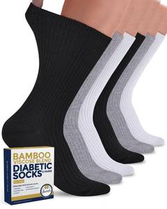 lot 87223 image: Pembrook Ribbed Knit Bamboo Viscose Diabetic Socks for Women - 6 Pairs  Crew Socks  Black, White, Grey  Neuropathy Socks for Women  Wide Calf Diabetic Socks Women 9-12