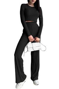 lot 87228 image: PRETTYGARDEN Womens 2024 Fall Casual 2 Piece Outfits Rib Knit Crop Tops And Long Pants Lounge Sets Tracksuits (Black,Large)