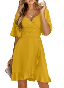 lot 87229 image: Dokotoo Womens Citrus Dresses Summer Wrap V Neck Short Sleeve Smocked Elastic Waist Tiered Belted Ruffle Hem Mini Dress Wrap Dress for Women M