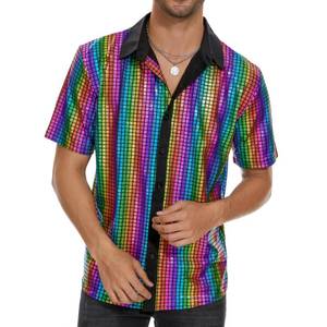 lot 87252 image: Mens Disco Shirt Outfit Retro 70s Shirts for Men 80s Sequin Glitter Short Sleeve Button Down 70s Disco Outfits for Men Metallic Disco Costume Party Nightclub Halloween Prom Mens Rainbow Shirt Small