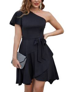 lot 87263 image: GRACE KARIN Womens Black One Shoulder Dress Summer Ruffle Short Sleeve Wrap Front Casual Solid Color Cocktail Club Party Dresses Black M