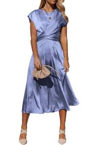 lot 87271 image: PRETTYGARDEN Womens 2024 Summer Satin Midi Dress Cap Sleeve Tie Waist Elegant A-Line Flowy Dresses (Blue,X-Large)