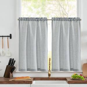 lot 87311 image: JINCHAN Kitchen Curtains Striped Tier Curtains Ticking Stripe Linen Curtains Pinstripe Cafe Curtains 36 Inch Length for Living Room Bathroom Farmhouse Rustic Curtains Rod Pocket 2 Panels Blue on Beige