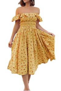 lot 87315 image: R.Vivimos Womens Summer Floral Print Puff Sleeves Vintage Ruffles Midi Dress (XL, Yellow)