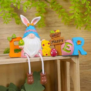 lot 87341 image: Lulu Home Easter Tabletop Ornament, 8.3 L x 7.7 H x 2.2 W Resin Bunny Gnome Shelf Sitter with Dangling Legs, Adorable Happy Easter Statue with Easter Eggs for Spring Indoor Decor