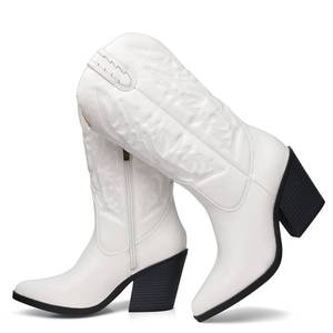 lot 87358 image: SHIBEVER Cowgirl Boots for Womens Western White Cowboy Pointy Toe Chunky Heel Embroidered Mid Calf Boot with Side Zipper 8.5