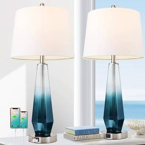 lot 87359 image: Modern Table Lamps Set of 2, 28 Teal Tall Lamp with USB CA, Blue Glass Lamp Coastal Lamps with Linen Shade, Nightstand Bedside Lamps for Living Room End Table Buffet Lamps