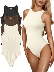 lot 87363 image: OQQ Womens 3 Piece Bodysuits Sexy Ribbed One Piece Sleeveless Halter Neck Bodysuits Black Coffee Beige M