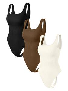 lot 87371 image: OQQ Womens 3 Piece Bodysuits Sexy Ribbed Sleeveless Square Neck Stretch Tank Tops Thongs Bodysuits Black Coffee Beige XL