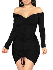 lot 87374 image: XXTAXN Womens Sexy Elegant Long Sleeve Off The Shoulder Ruched Mini Dress Black L