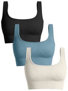 lot 87375 image: OQQ Womens 3 Piece Medium Support Tank Top Ribbed Seamless Removable Cups Workout Exercise Sport Bra Black Tea Leaf Beige M