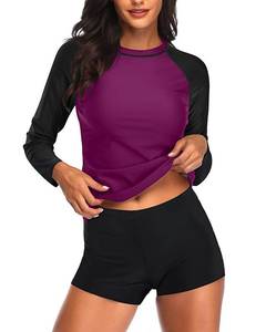 lot 87386 image: Daci Women Dark Purple Two Piece Rash Guard Long Sleeve Swimsuits UV UPF 50 Swim Shirt Bathing Suit with Boyshort Bottom XL