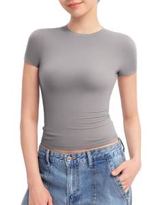 lot 87396 image: PUMIEY T Shirts for Women Crew Neck Short Sleeve Basic Tops Summer Y2K Crop Tops, Elephant Grey Medium
