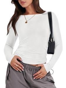lot 87399 image: ANRABESS Women�s Long Sleeve Shirts Tight Fitted Going Out Crop Tops Crewneck Basic Tee Y2k Outfits Teens Girls Clothes White XS