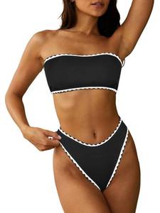 lot 87413 image: ZAFUL Women Strapless Textured Bandeau Bikini 2 Piece Swimwear Cheeky Solid Lace up Bathing Suits(4-Black-Teeth,S)