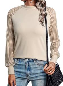 lot 87414 image: Dokotoo Womens Clothes Cute Long Sleeve Pullover Blouses Mesh Sheer Patchwork Knited Shirts Business Casual Tops for Womens Fall Fashion 2024 Apricot Large
