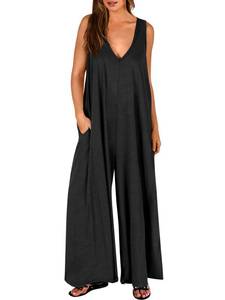 lot 87417 image: ANRABESS Womens Casual Summer Loose Jumpsuits Sleeveless Tank V Neck Wide Leg Long Pant Rompers Baggy Jumper with Pockets Black Small
