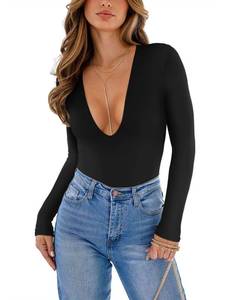 lot 87421 image: REORIA Womens Sexy Deep V Neck Long Sleeve One Piece Bodysuit Top Fall Slimming Double Lined Going Out T Shirt Black Small
