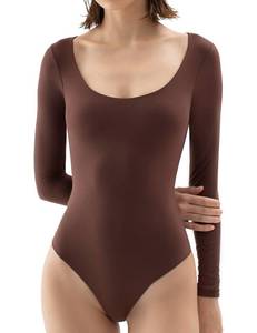 lot 87428 image: PUMIEY Long Sleeve Bodysuit For Women Sexy Scoop Neck Tops Brown Body Suits Womens Fashion Tiramisu Small