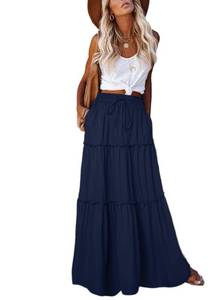lot 88597 image: EARKOHA Womens Casual High Waist Tiered Paisley Print Long Maxi Skirt with Pockets Solid-Navy Blue M