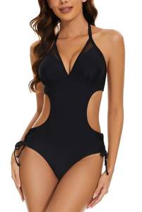 lot 88611 image: LXheysea Womens Halter Sexy Cutout One Piece Swimsuit Lace Up Mesh Monokini Bathing Suit (S, Black)