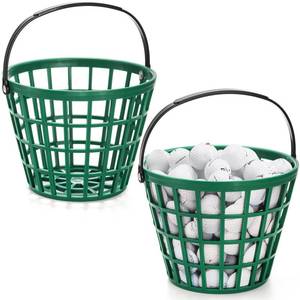 lot 88616 image: Bekith 2 Pack Plastic Golf Ball Basket, Golfball Container Ball Bucket with Handle, Holds 50 Balls, Green