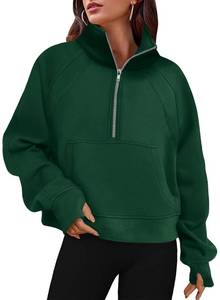 lot 88635 image: Womens Sweatshirts Fleece Lined Half Zipper Crop Pullover Tops Funnel Neck Long Sleeve Sweater Thumb Hole Green Medium