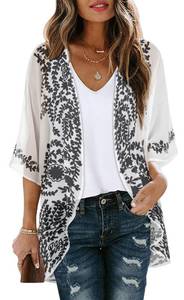 lot 88648 image: Bathing Suit Cover Up Summer Kimono Cardigans Swimwear Holidays Shirts Casual Tops (C White Flower, S)