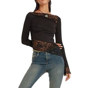 lot 88675 image: Women Lace Long Sleeve Shirt Top Y2K Slim Fit Crop Top Sexy Lace Low Cut Top Tee Club Streetwear(I-Black,M)