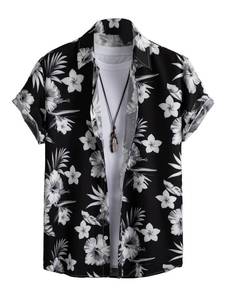 lot 88676 image: WDIRARA Mens Button Up Short Sleeve Cat Print Beachwear Striped Pocket Hawaiian Shirt Collar Top Shirts Floral Black White XXL