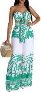 lot 88685 image: Two Piece Outfits for Womens Summer Vacation Tropical Sexy Halter Criss Cross Tops Straight Long Pants Beach Sets Cover Ups Swimsuit(Small)