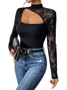 lot 88687 image: WDIRARA Womens Contrast Lace Cut Out Top See Through Sexy Mock Neck Long Sleeve Slim Top Black XL