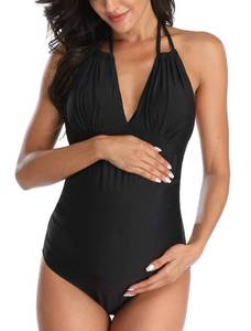 lot 88689 image: EastElegant Maternity Swimsuits One Piece V-Neck Pregnancy Swimwear Halter Maternity Bikini (Solid Black, Medium)
