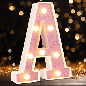 lot 88690 image: DyingSwan Led Light Up Letters, Pink Marquee LED Letter Lights 26 Alphabet, Small Pink Lighted Letters, Battery Powered Glitter Letters with Lights for Party, Table, Wall DecorLetter A