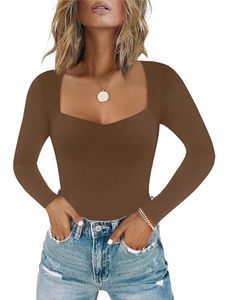 lot 88703 image: Chunpin Womens Sexy Square Neck Long Sleeve Bodysuit Double Lined Tops Thong Bodysuit Brown S