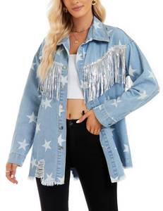 lot 88716 image: SCOFEEL Women Tassel Jean Shacket Star Print Ripped Denim Jean Jacket Shirt Blouse Large