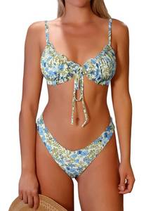 lot 88730 image: ZAFUL Womens Ditsy Floral Printed Swimsuit Knotted String Triangle Bikini Cheeky Bikini Set Blue L