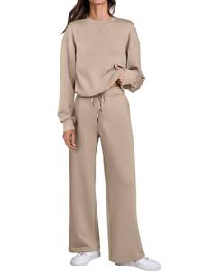 lot 88734 image: Caracilia Womens 2 Piece Outfits Sweatsuit Fall Crewneck Sweatshirts Wide Leg Pants Lounge Matching Sweat Sets Tracksuit Khaki Large