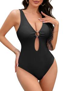lot 88739 image: Lilosy Sexy Metal O Linked Cutout Plunge Low Cut One Piece Swimsuit High Leg Rise Cheeky Brazilian Bathing Suit Women Bikini Black Medium