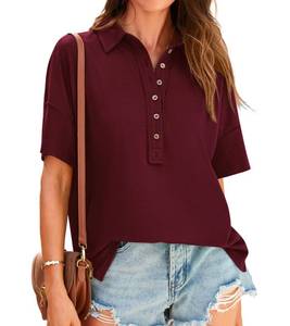 lot 88746 image: Okiwan Women Summer Short Sleeve Blouses for Work Henley Tunic Top Casual V Neck Button Up Loose Blouses for Women Business Professional-L Wine Red