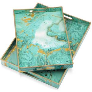 lot 88752 image: Cadroger Coffee Table Tray for Living Room - 2 Pcs Delicate Serving Tray with Handles, Modern Marbling Plastic Ottoman Tray, Rectangular Dresser Decorative Tray for Bathroom, Kitchen and Bedroom