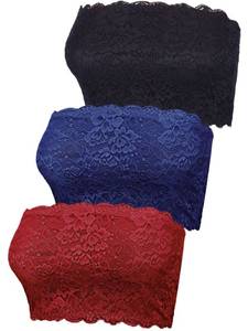 lot 88756 image: Boao 3 Pieces Womens Floral Lace Tube Top Bandeau Strapless Bras Seamless Stretchy Chest Wrap (Black, Navy Blue, Wine Red,XX-Large)