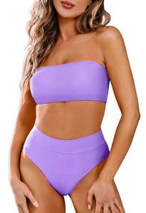 lot 88760 image: Pink Queen Womens High Waisted Bikini Set Sexy Strapless High Cut Tummy Control Bathing Suit Swimsuit Purple M