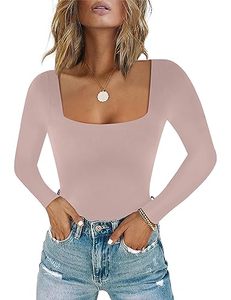 lot 88765 image: Chunpin Womens Square Neck Long Sleeve Bodysuit Tops Double Lined Thong Bodysuit Pink S
