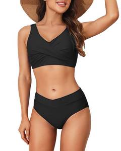 lot 88769 image: Limeeke Womens High Waisted Bikini Set Twist Front Two Piece Swimsuit Lace Up Tie Back Bathing Suits Black M