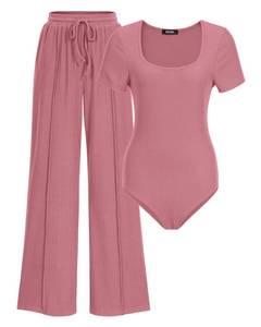 lot 88782 image: BTFBM Womens Lounge Sets 2024 Summer Clothes Shapewear Bodysuit Wide Leg Pants Set 2 Piece Casual Knit Outfits Pockets(Solid Pink, X-Large)